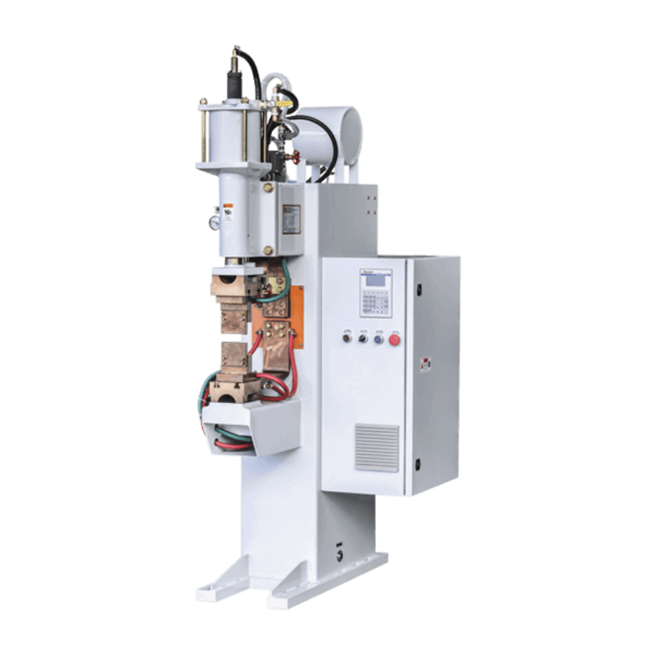 A white industrial spot welding machine with copper electrodes and a control panel visible on the side, designed for joining metal sheets through resistance welding in manufacturing and fabrication.
