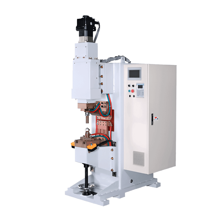 An industrial seam welding machine with yellow safety guards, designed for automated welding processes in manufacturing environments.