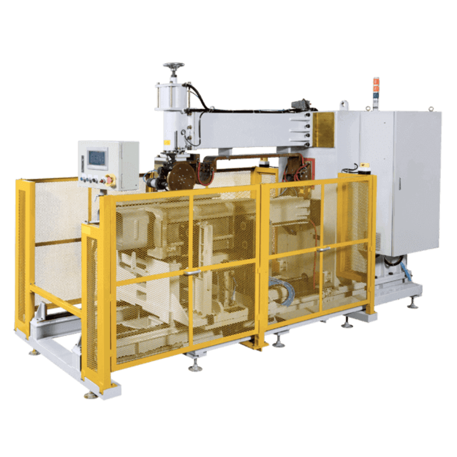 An industrial seam welding machine, likely used in packaging or manufacturing, with a large, white main body and a yellow safety cage enclosing the operational area.