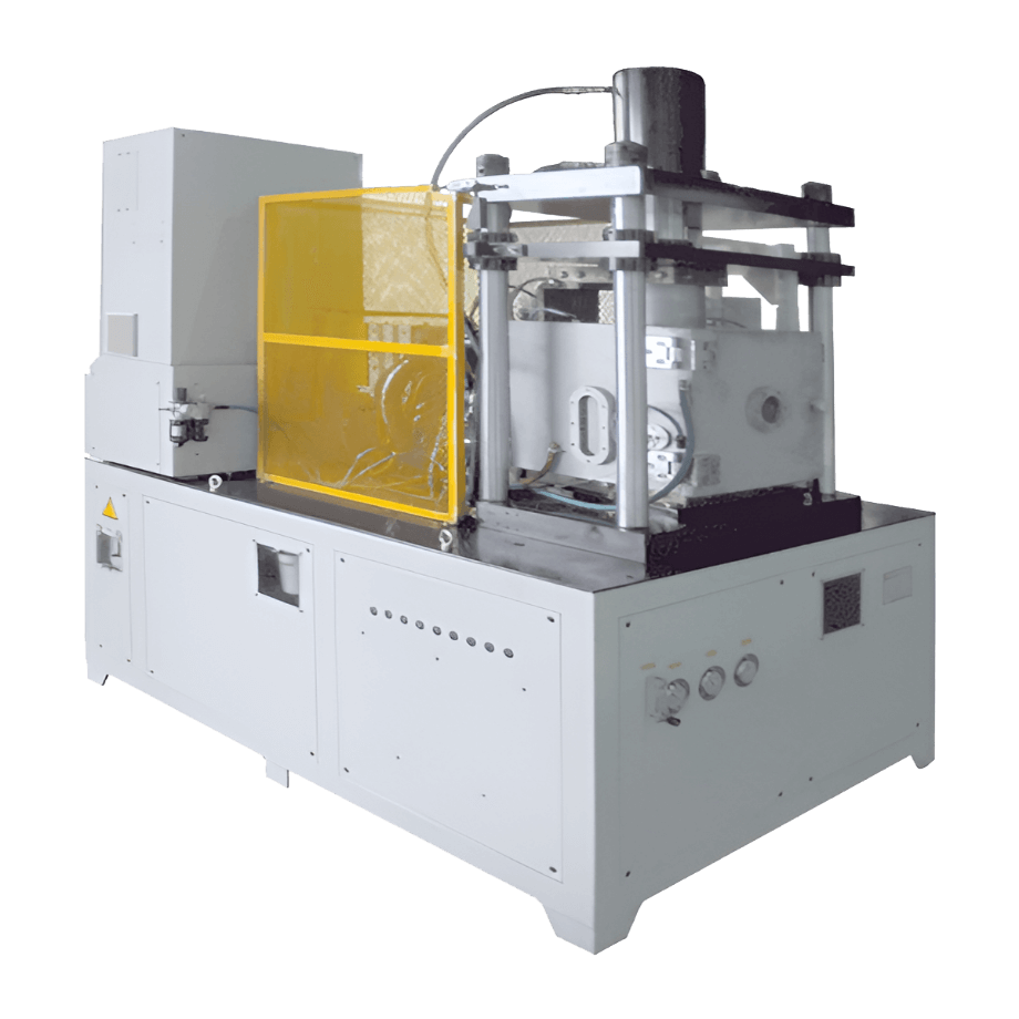 A white and grey three-phase DC inverter vacuum sintering machine with a yellow protective guard on the right side of the main chamber. The machine features a large metal housing with various controls and components.
